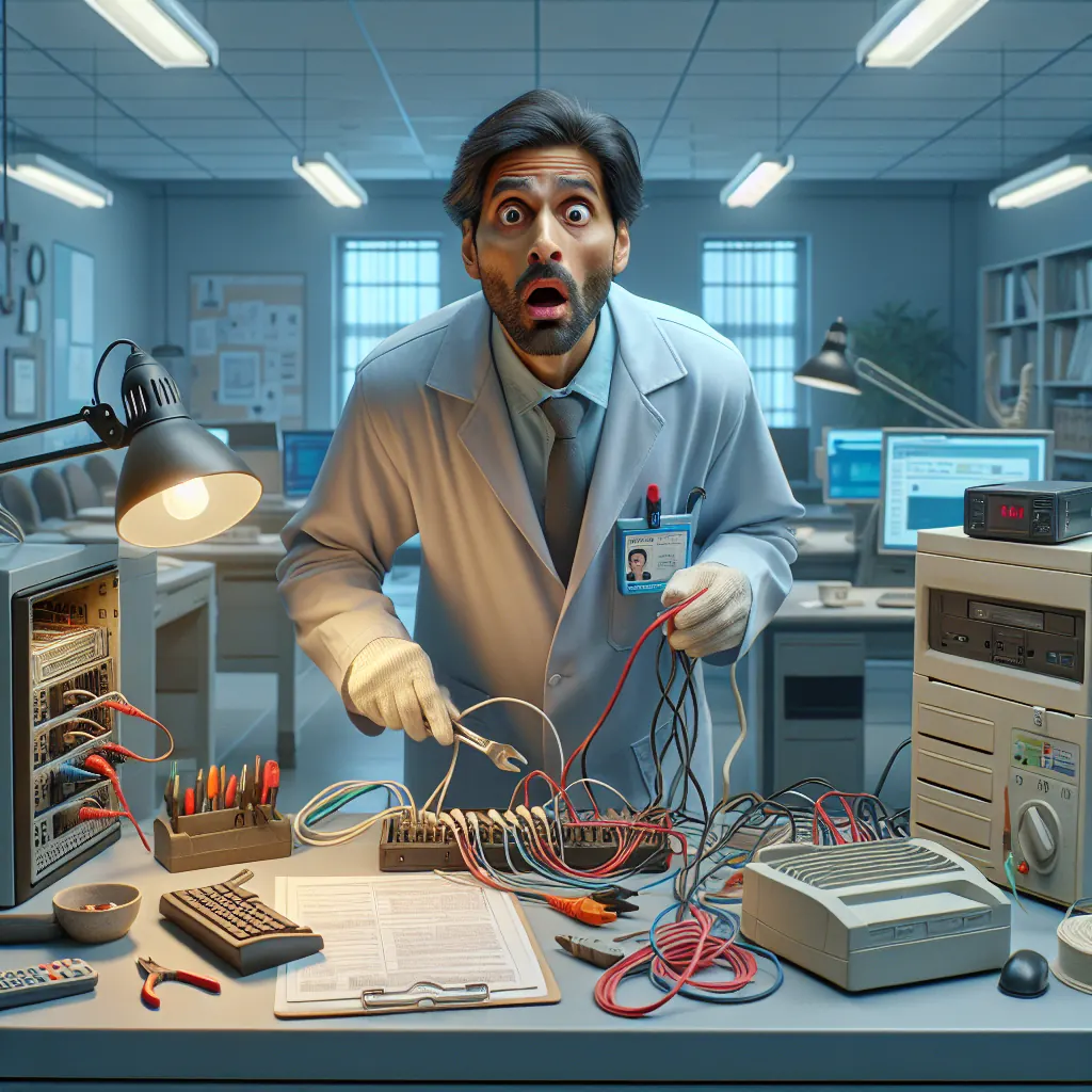 An office technician performing a visual inspection on office electrical equipment, checking for frayed wires and damaged plugs.